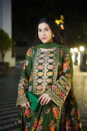 Elegant 3PC Silk Suit – Green Floral