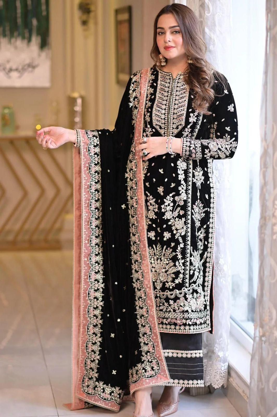 Exclusive 9000 Micron Velvet Embroidered 3PC Luxury Suit (Black