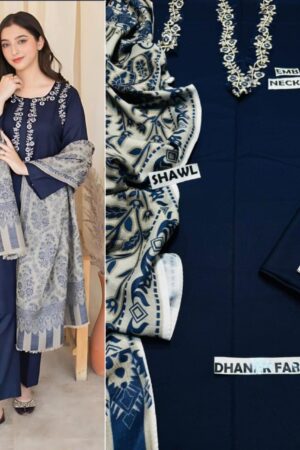 3-Piece Winter Suit with Embroidered Shirt & Digital Printed Pashmina Shawl