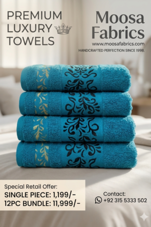 Premium Luxury Cotton Towels Set by Moosa Fabrics – Soft, Absorbent, Handcrafted Bath Towels (Single & 12-Piece Bundle)