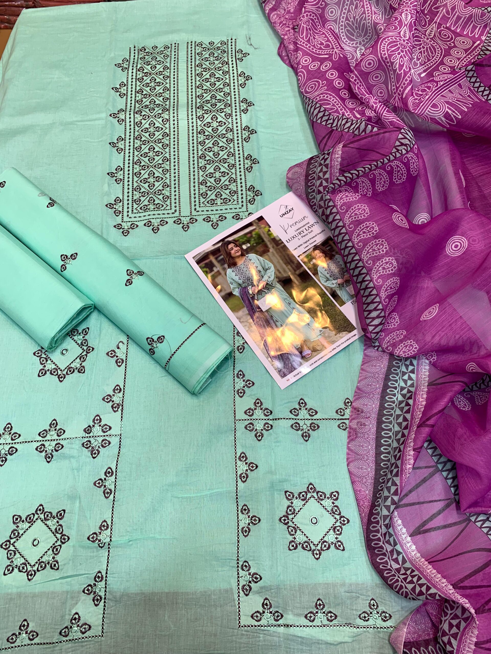 Umzay Luxury Lawn 3PC Suit 2026 β Embroidered Diamond Voil Dupatta - Image 2