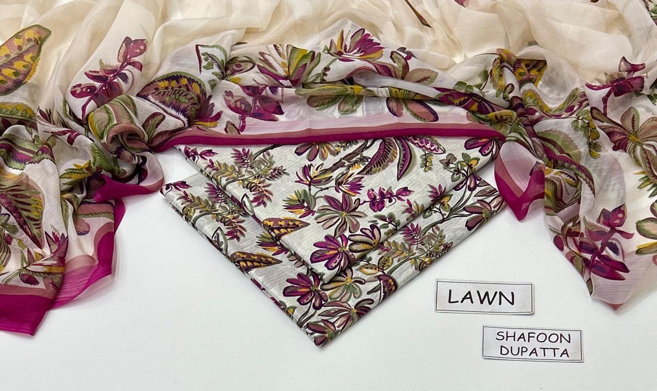 Elegant 3PC Lawn Suit by Maria B β Allover Print with Chiffon Dupatta - Image 6