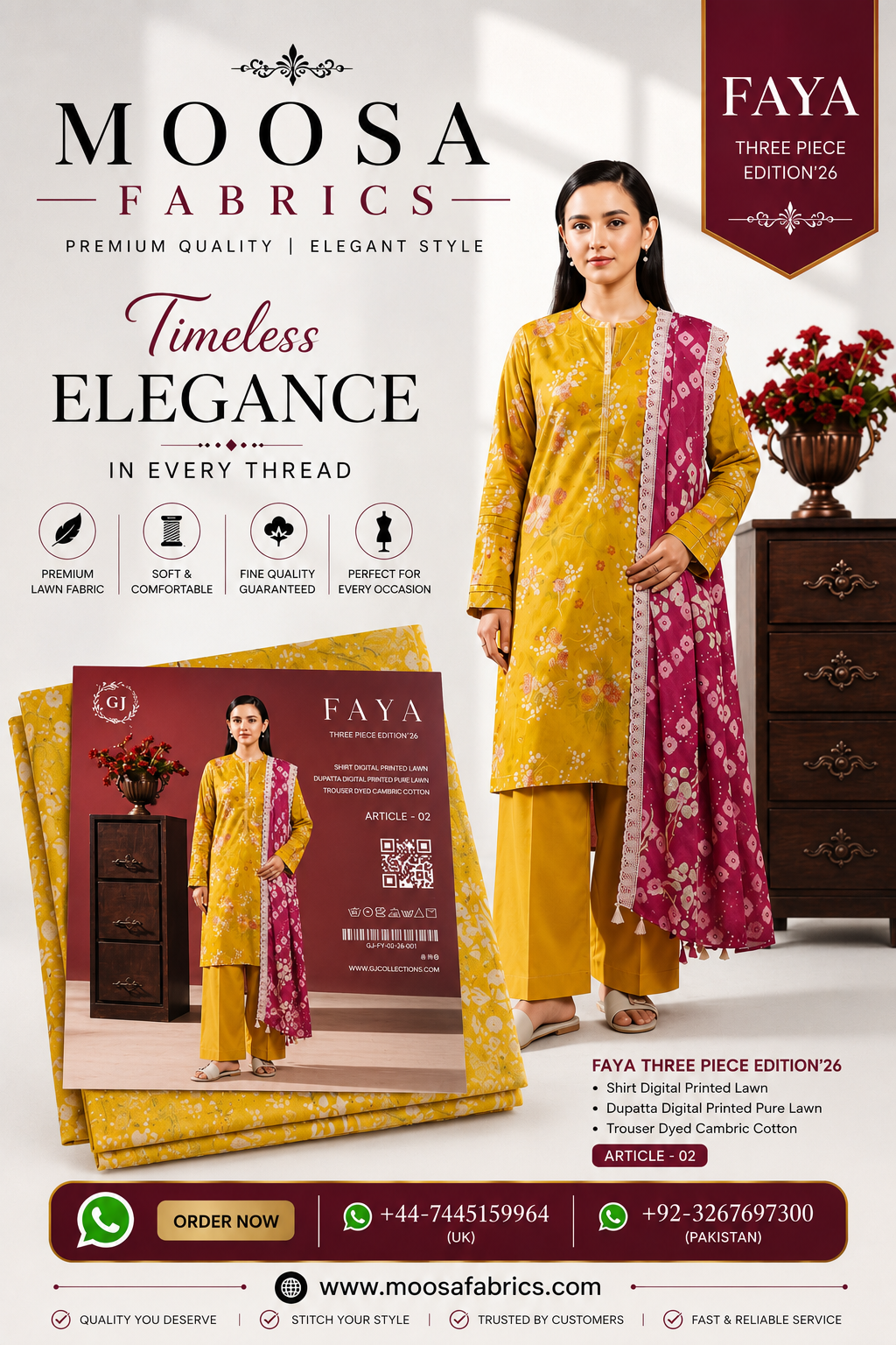 FAYA Three Piece Edition '26 โ Premium Digital Printed Lawn Suit | Unstitched 3 Pie