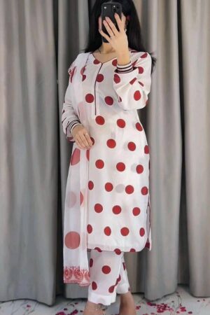 Premium Silk 3 Piece Printed Suit – White & Red Polka