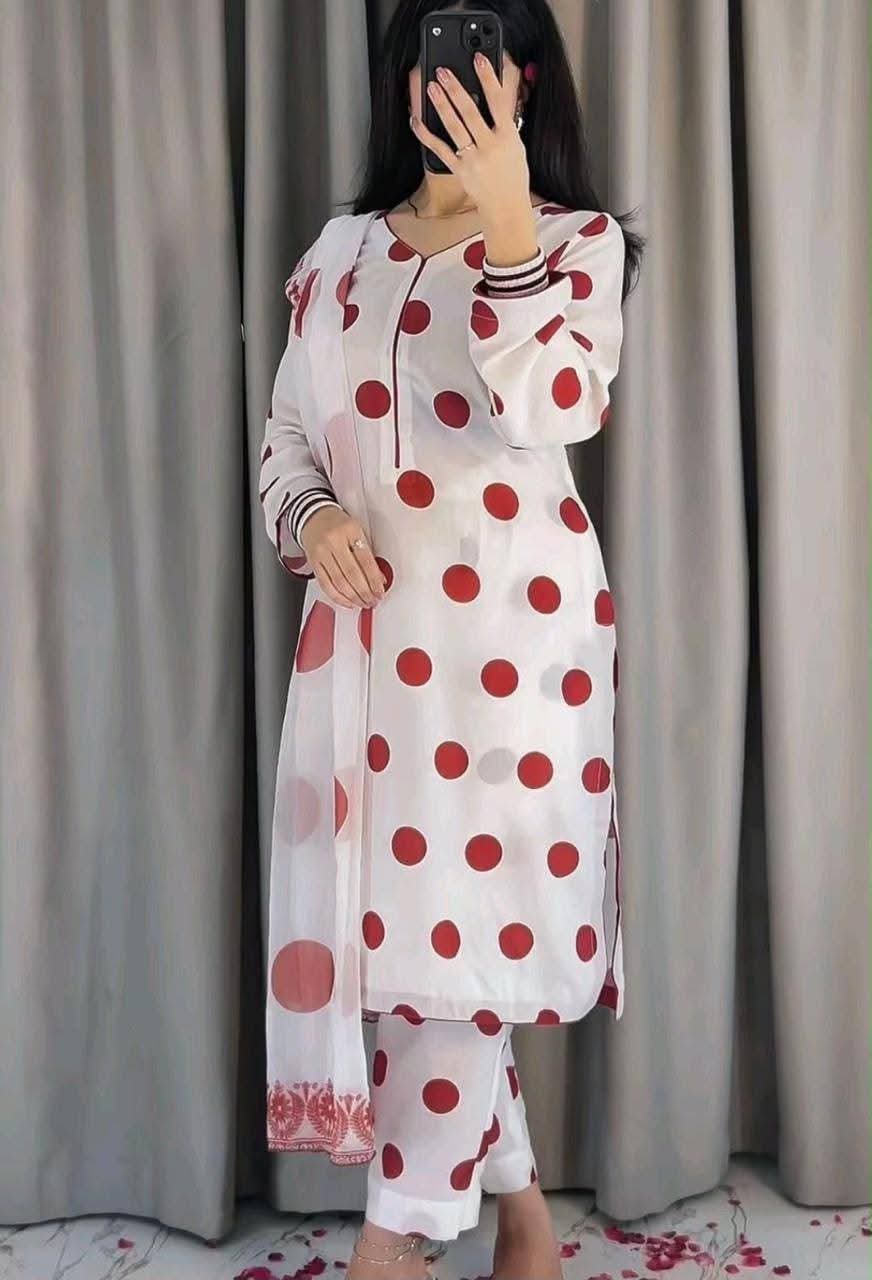 Premium Silk 3 Piece Printed Suit β White & Red Polka