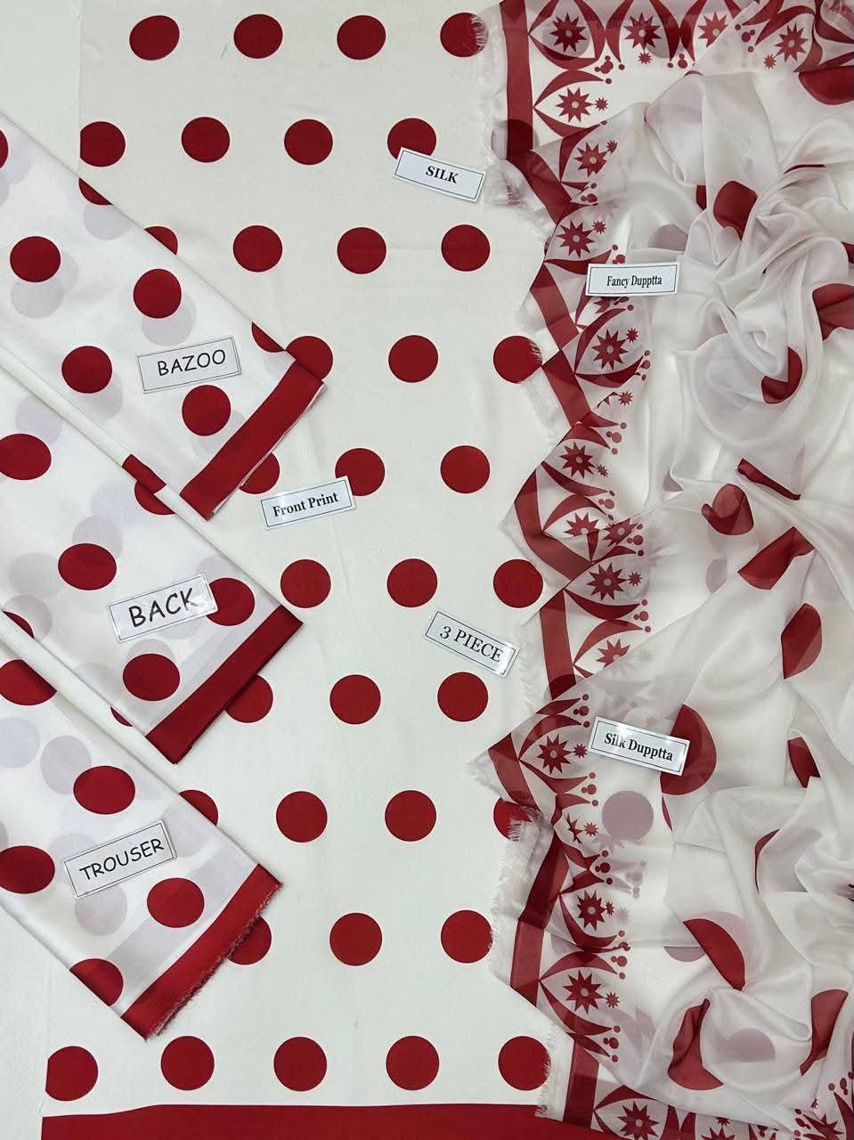 Premium Silk 3 Piece Printed Suit β White & Red Polka - Image 2