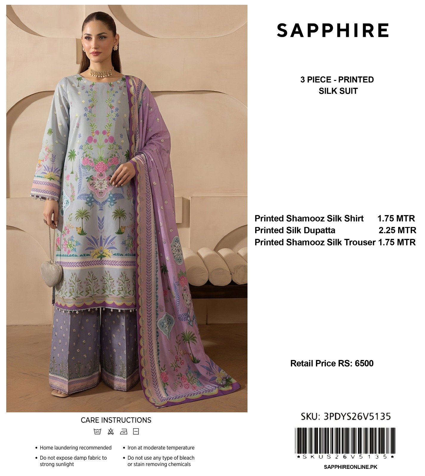 Sapphire 3-Piece Printed Shamooz Silk Suit - Image 7