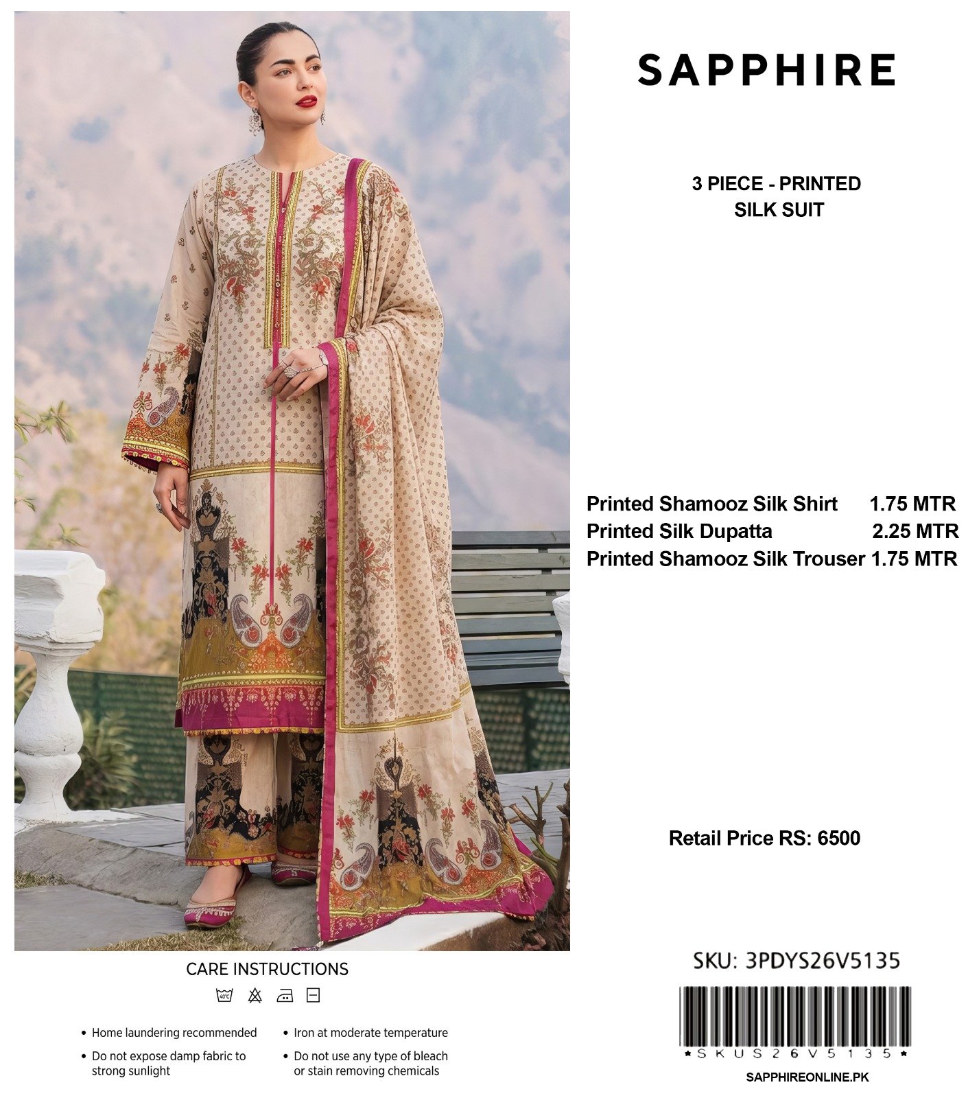 Sapphire 3-Piece Printed Shamooz Silk Suit